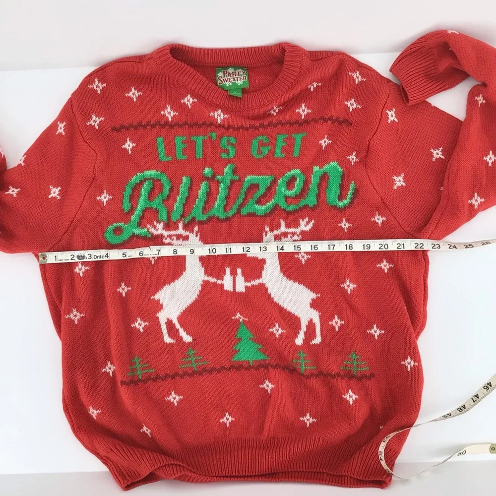 Party Sweater Red Crew Neck Lets get Blitzen Christmas L/S Sweater Size Large